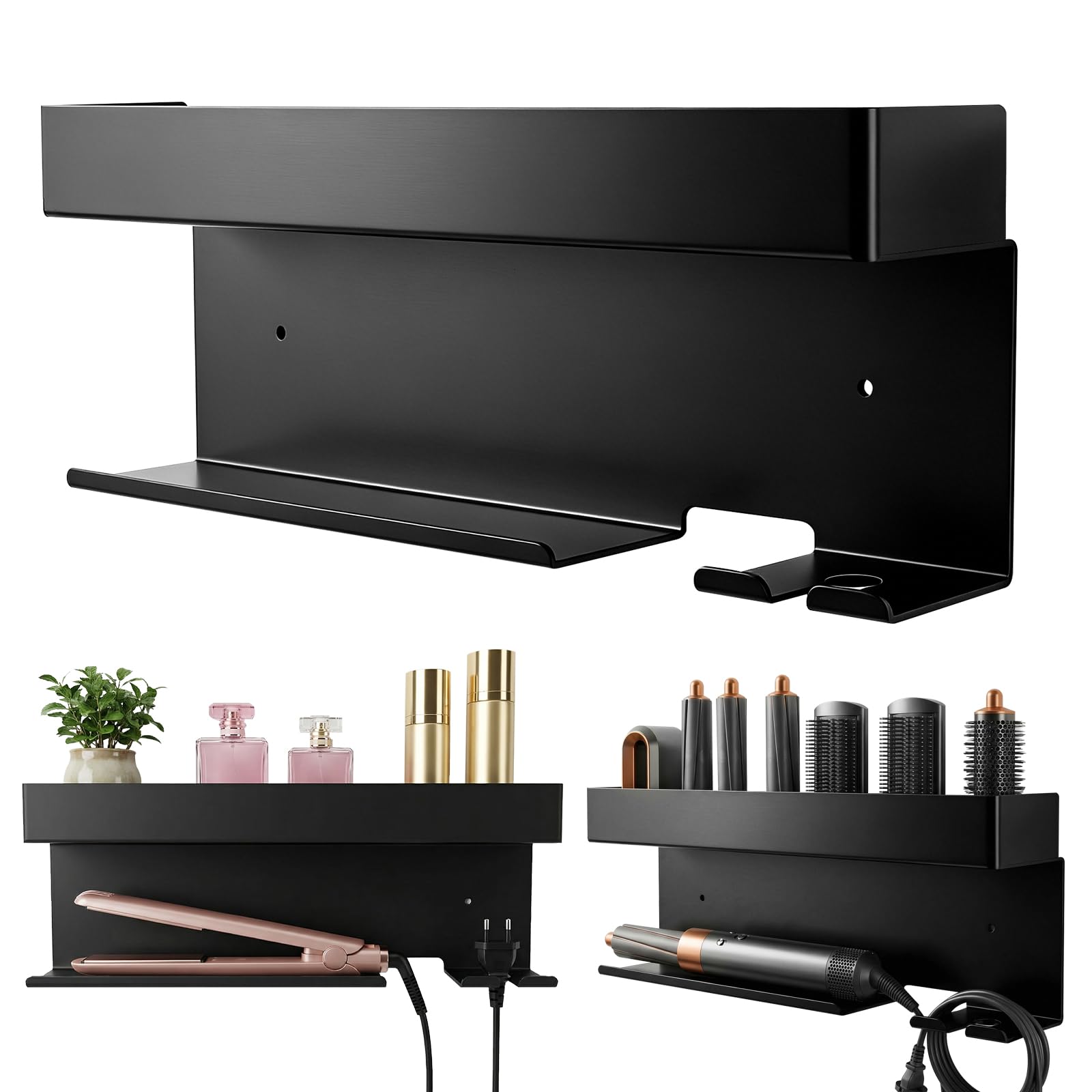 Woobroo Wall-Mounted Hairdryer Holder - Bathroom Hair Styling Tool Organiser, Suitable for Straighteners, Curling Irons and Styling Accessories (Black)