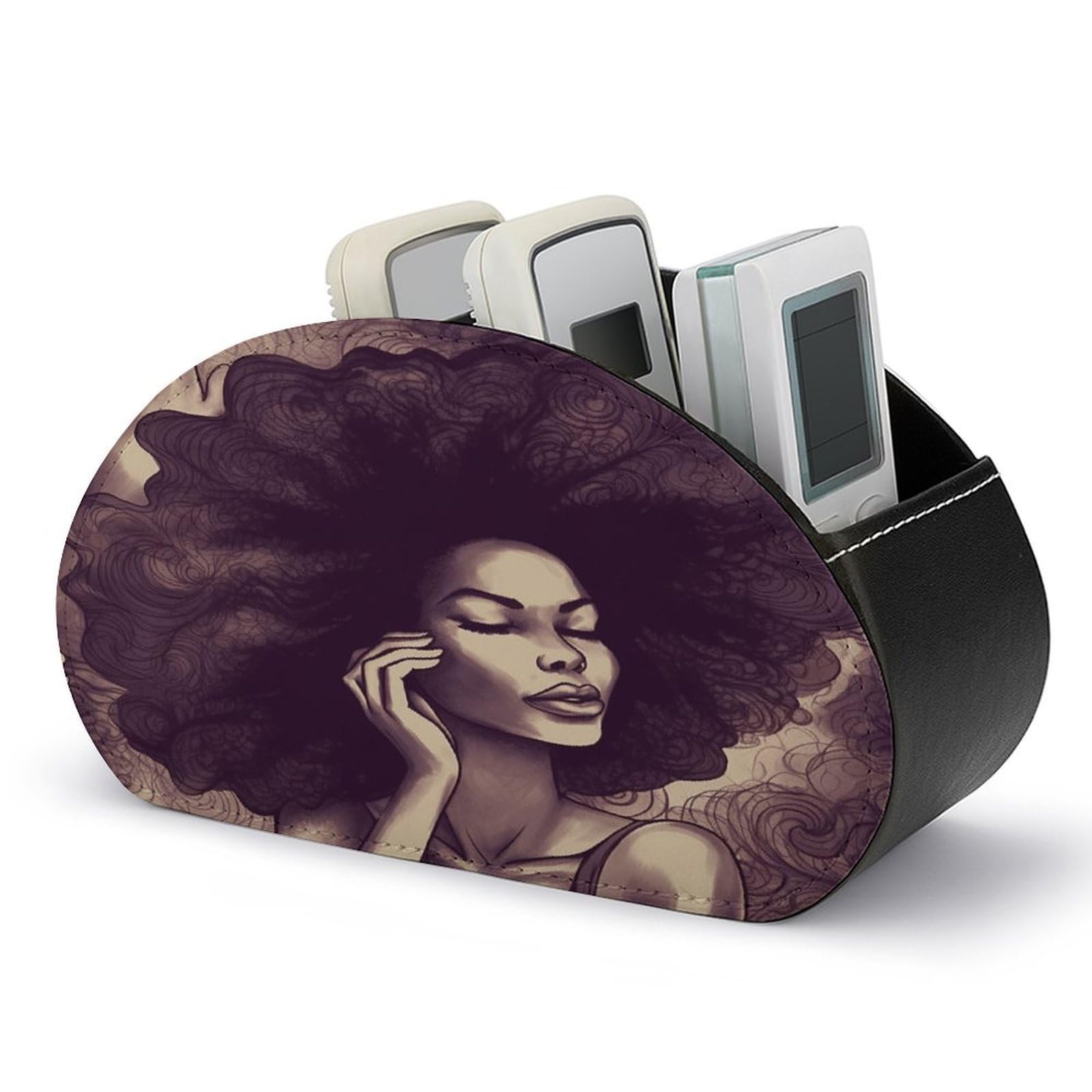 VstaDank African Hair Black Women Remote Control Holder with 5 Compartments PU Leather TV Remoter Caddy Desktop Organizer TV Remote Holder Remote Box for Media Controllers Office Supplies