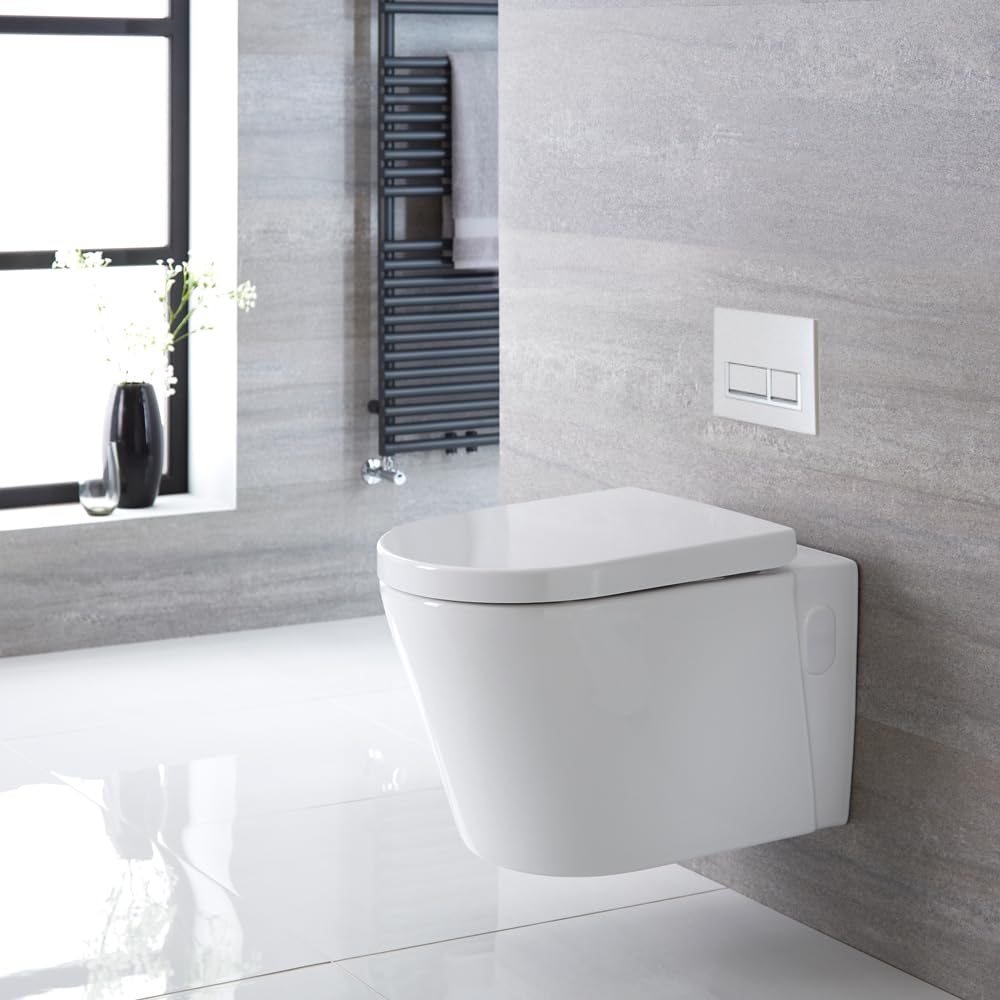 Milano Ballam White Wall Hung Round Toilet Short Frame Dual Flush Cistern - White Rectangular Plate