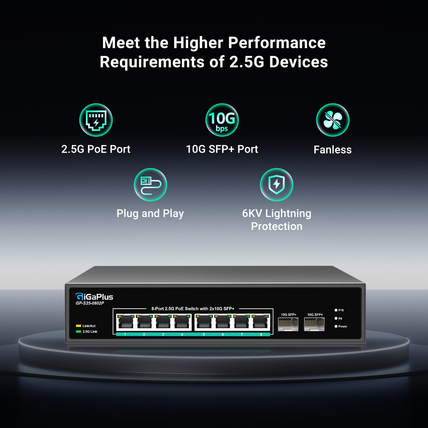 10 Port 2.5Gb Nicht Verwalteter PoE Netzwerk Switch mit 8*2.5G Base-T PoE Port, 2*10G SFP+ Uplink, 802.3af/at (PoE+), 80Gbps Schaltkapazität, GigaPlus 2.5G PoE Switch für 2.5G NAS/PC, WiFi6-Router