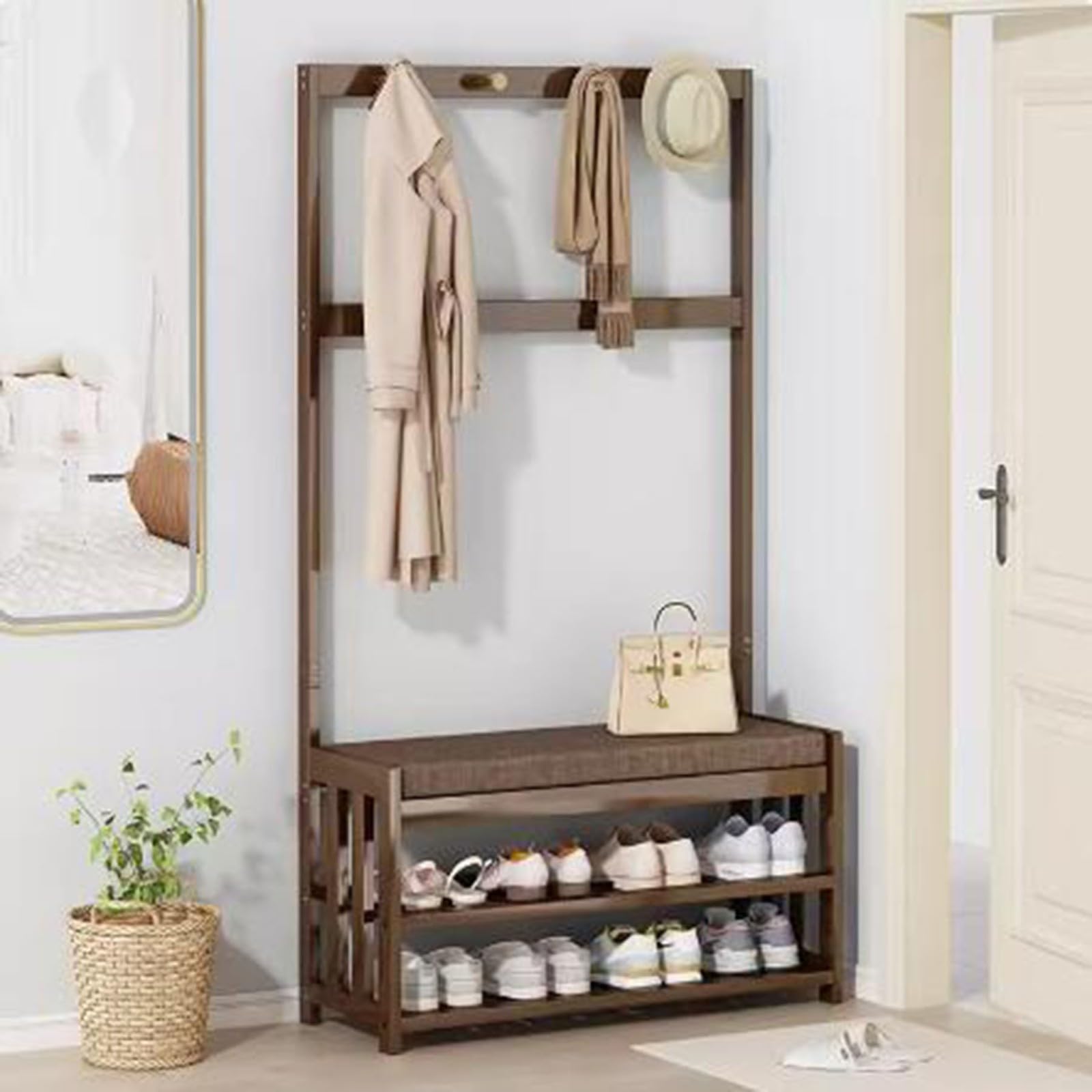 MYUYEE Coat Rack With Shoe Bench,Entryway Hall Tree With 2-Tier Shoe Rack And Hooks For Entryway Hallway, Freestanding Coat Stand With Shoe Storage For 6-8 Pairs,Easy To Assembl(A-)