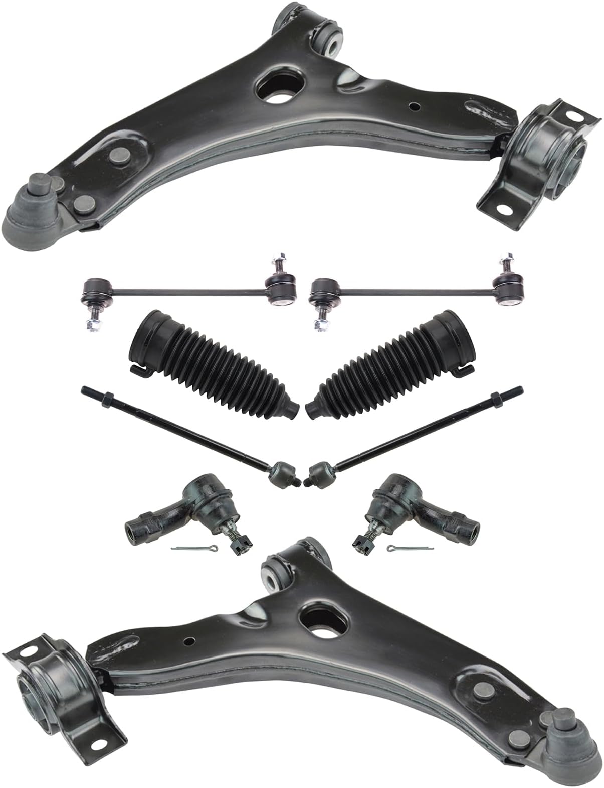 TRQ Front Steering & Suspension Kit Control Arm with Ball Joint Steering Rack & Pinion Bellow Sway Bar Stabilizer Link Tie Rod Compatible with 2009-2010 Ford Focus