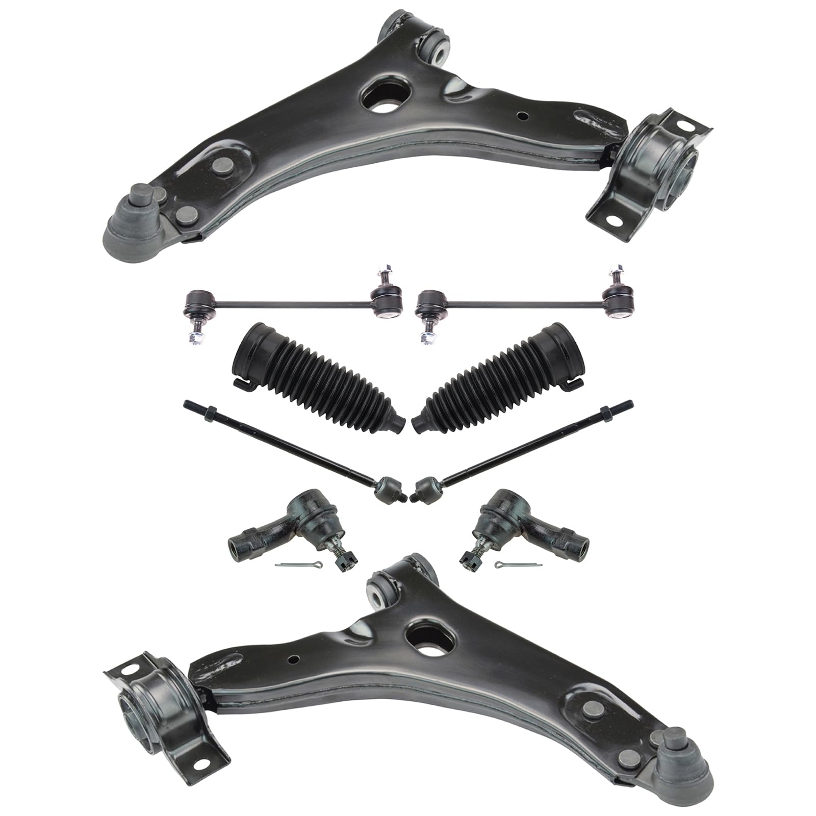 TRQ Front Steering & Suspension Kit Control Arm with Ball Joint Steering Rack & Pinion Bellow Sway Bar Stabilizer Link Tie Rod Compatible with 2009-2010 Ford Focus