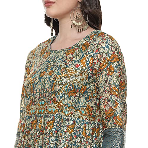 Image of BIBA Women's Teal Cotton Anarkali Kurta Churidar Suit Set