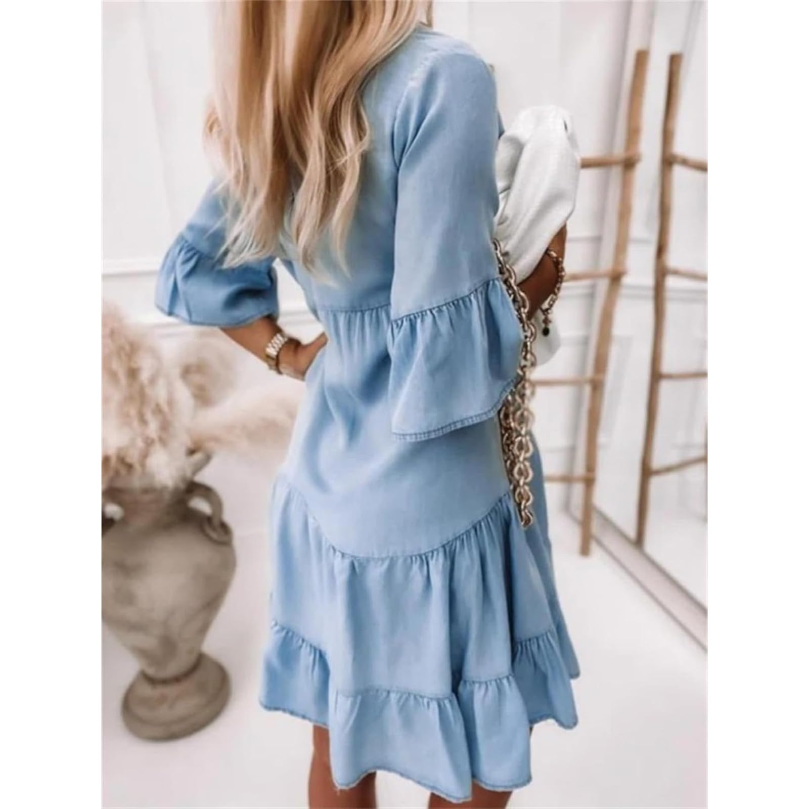 Générique Robe d'été à Volants et col en V pour Femme, en Jean léger, Manches mi-Longues, décontractée, boutonnée, en Coton.