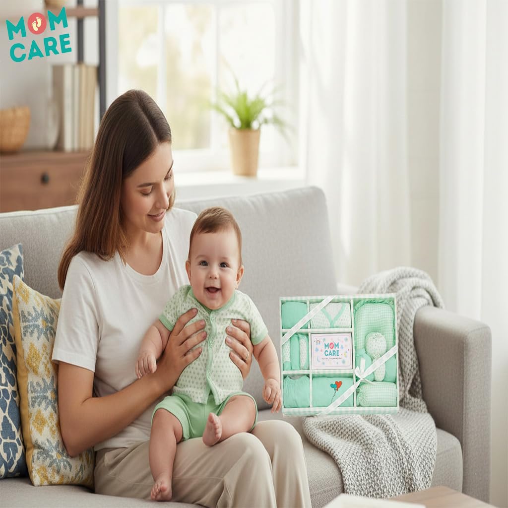 MOM CARE New Born Baby Clothes 0-3 Months | 11 Piece Baby Gift Set | 100% Cotton Newborn Clothing with Bib, Mittens, Booties & Towel | Baby Clothes Set 0-3 Months | Green 1