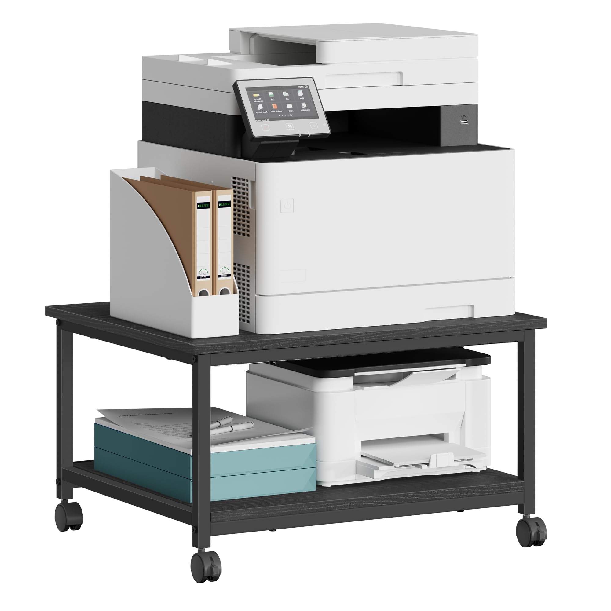 SONGMICS VASAGLE Printer Stand, Rolling Printer Cart, Under Desk Table,Mobile with Lockable Wheels, Steel Frame, for Home Office, Storage Shelf, 2-Tier, Ebony Black UOPS008BE01S