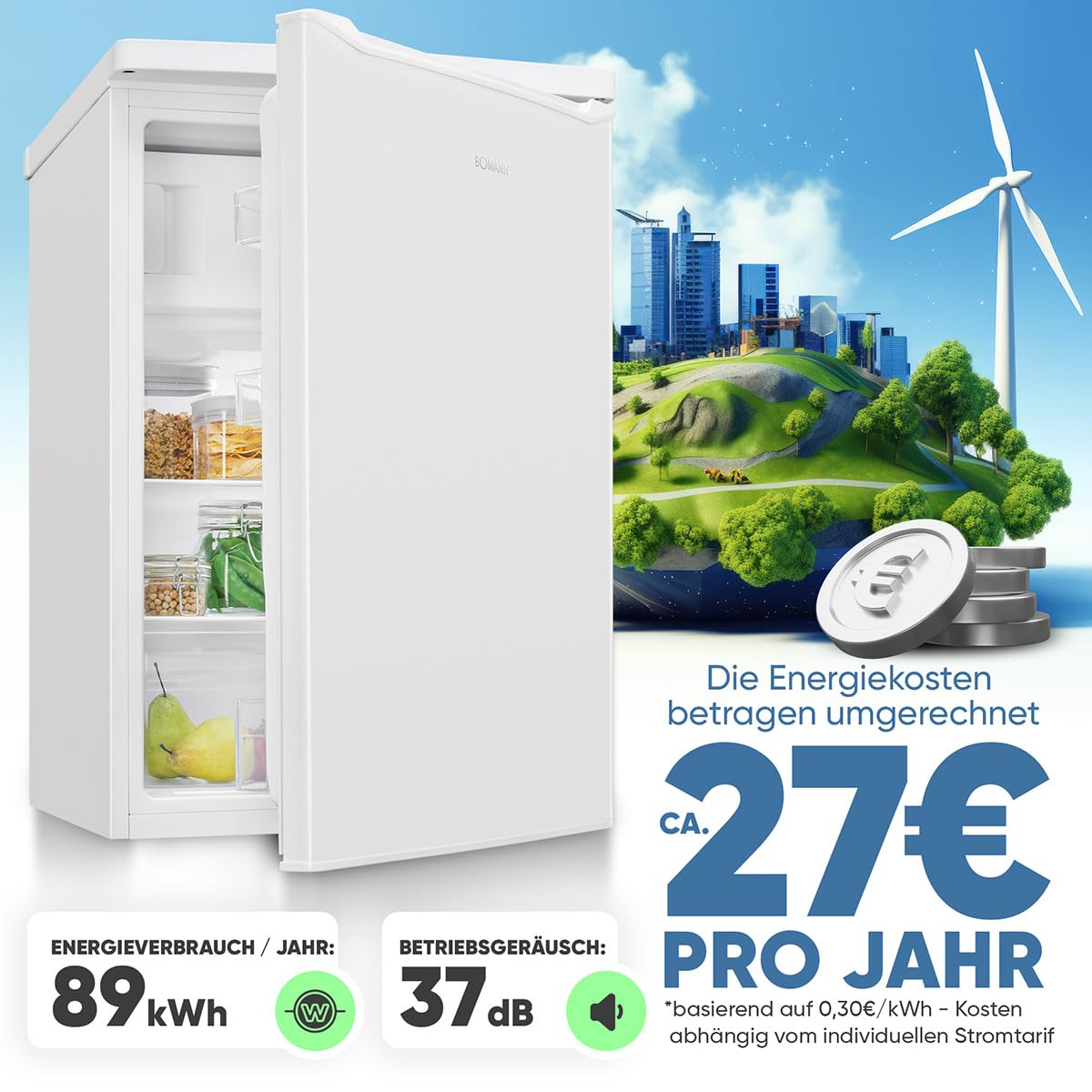 Bomann KS 7251 Kühlschrank mit Gefrierfach 109 Liter weiß energieeffizient leise kompakt