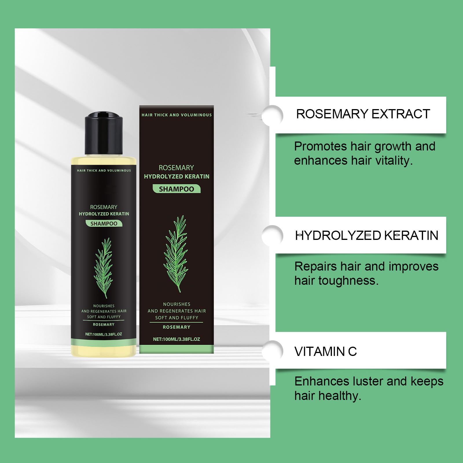 Champú de romero y queratina hidrolizada, Champú densificante, acondicionador orgánico de romero para el crecimiento del cabello fino, Fortalece y mantiene un cabello saludable, 100 ml (8 botellas)