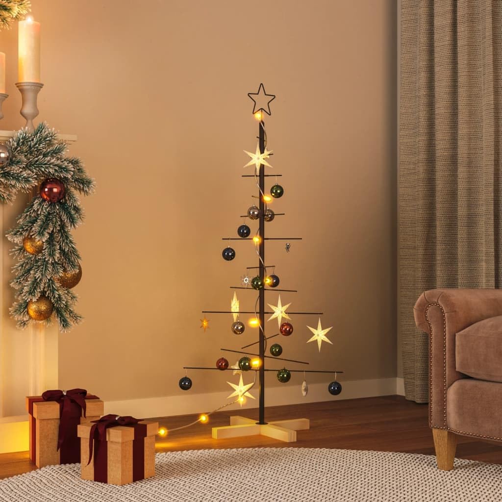 BOGATECO Handgemaakte kerstboom hoogte 205 cm met hazelnoothouten decoraties, decoratieve hanger met 10 m ledlampen, houten panelen verbonden met jute touw met een