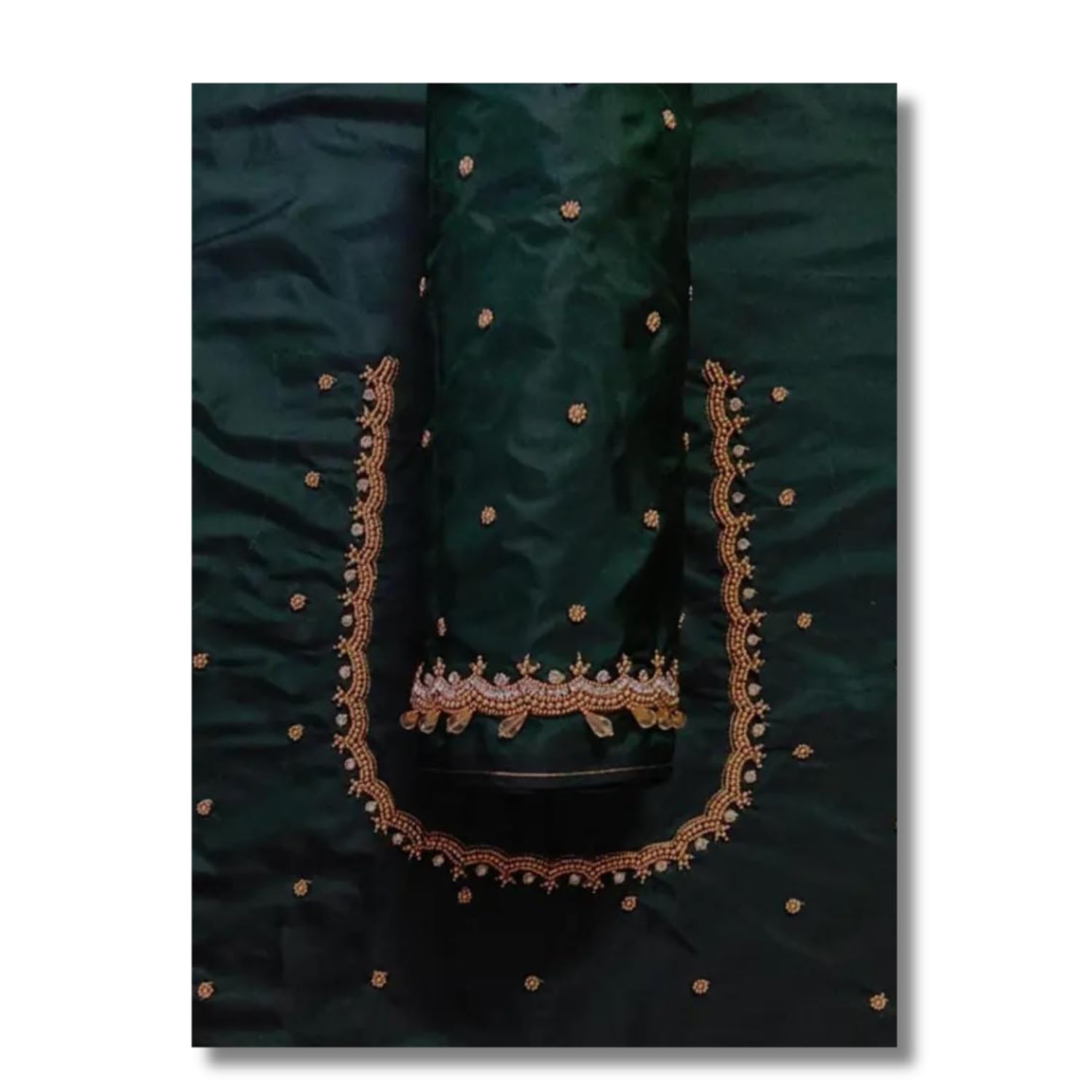Maggam aari Hand Made Heavy Work Blouse Piece - 1 Meter Unstriched Bottle Green-image-39