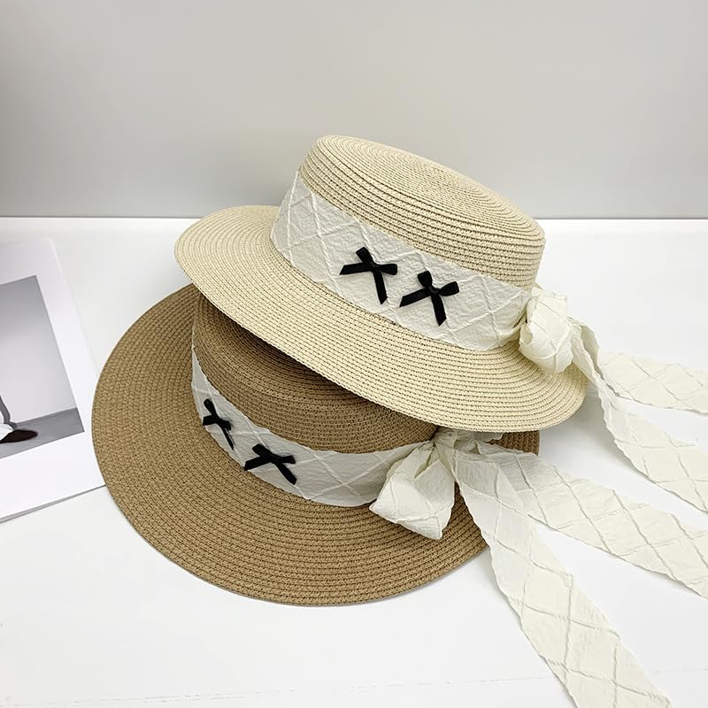 Sombrero de Paja de ala Ancha y Plana para Mujer,Sombrero de Playa con Lazo para Viajes,Vacaciones de Verano,Suave,Ligero y Transpirable