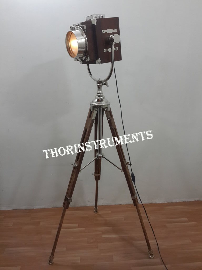 Maritime Collectible Wood Spot Light with Heavy Wood Tripod Lamp Stand by THORINSTRUMENTS Rustic Vintage Home Decor Gifts