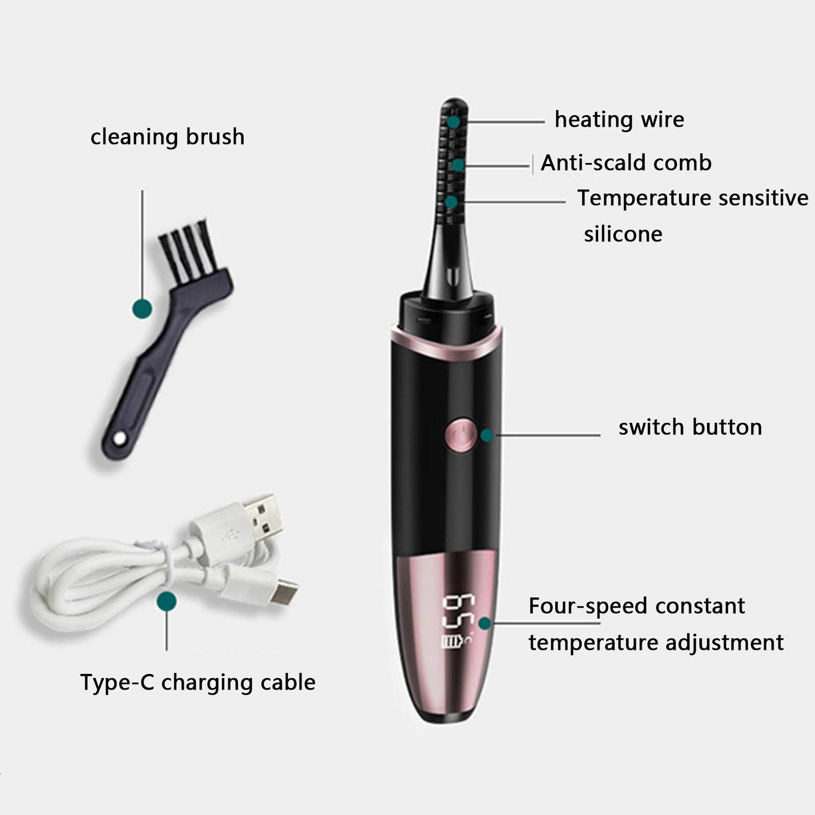 Piegaciglia Elettrico Riscaldato Piega Ciglia Donna Con Pettine Incorporato Ricaricabile Electric Eyelash Curler Heat with Brush Comb Piccolo Display Digitale A Quattro Marce USB (24X22X150mm,black)