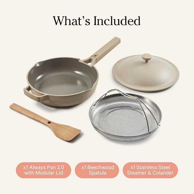 A highlight of the pan's design is its thoughtful features like the pour spout, which helps in easy draining, and a custom-fit steamer basket for additional cooking possibilities. The Always Pan 2.0 combines functionality with a stylish aesthetic, making it not only a practical tool in the kitchen but also a visually pleasing addition to any cookware collection.