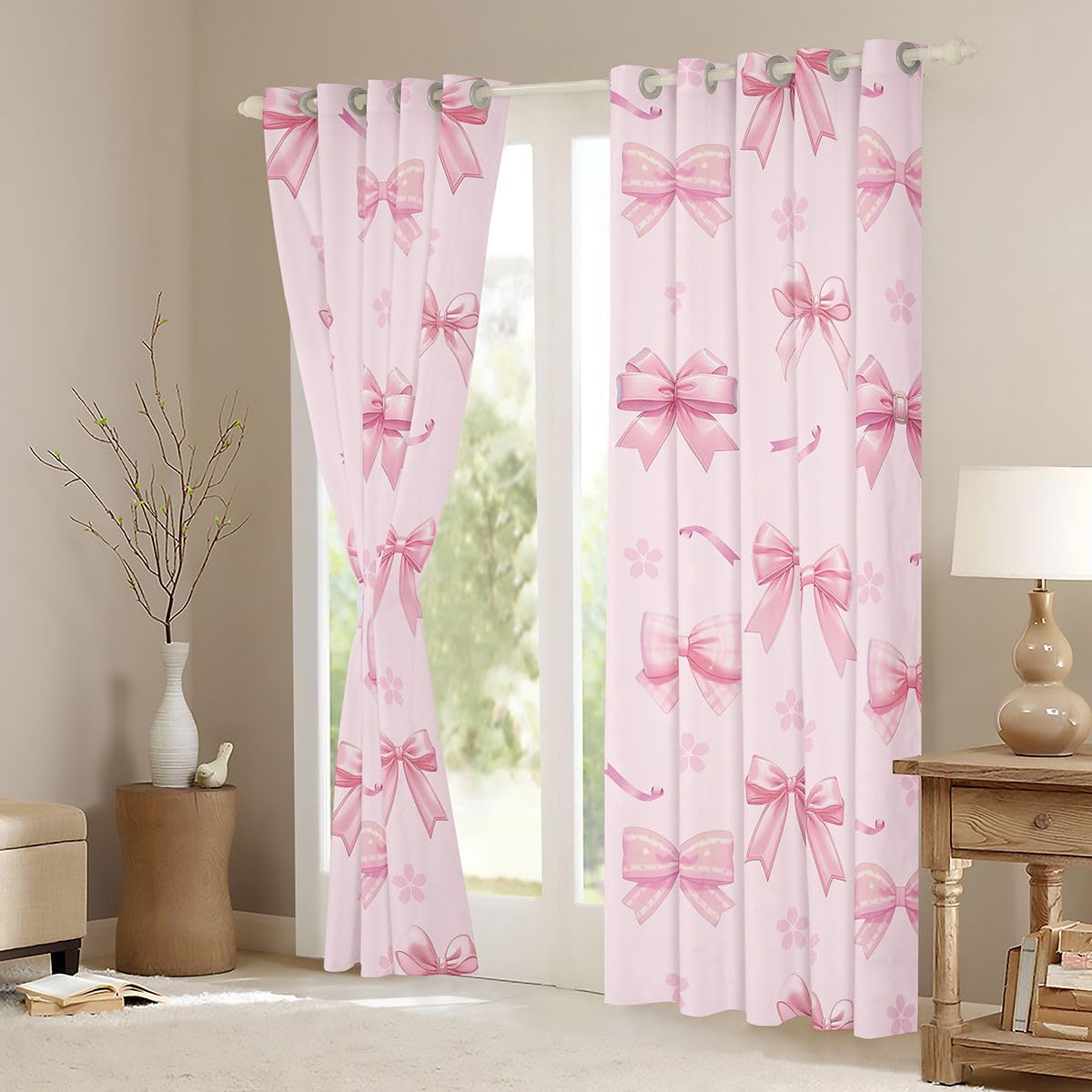 Homewish Wstążka kokardka różowa zasłony okienne, 117 x 183 cm, 2 zestawy paneli – marzycielska księżniczka zasłony zaciemniające, , kokarda, zasłony okienne, kwiat wiśni do sypialni