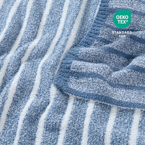 Image of Snuggle Sac Ultra Soft Blue Throw Blanket for Couch, Reversible Cozy Knitted Ribbed Blankets, Fuzzy Knit Striped Throws for Sofa, Bed, Home Decor, Blue 50 inchx60 inch