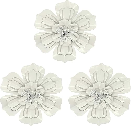 SQshun Arte de pared de flores de metal para decoración del hogar para interiores y exteriores (blanco - 3 piezas)