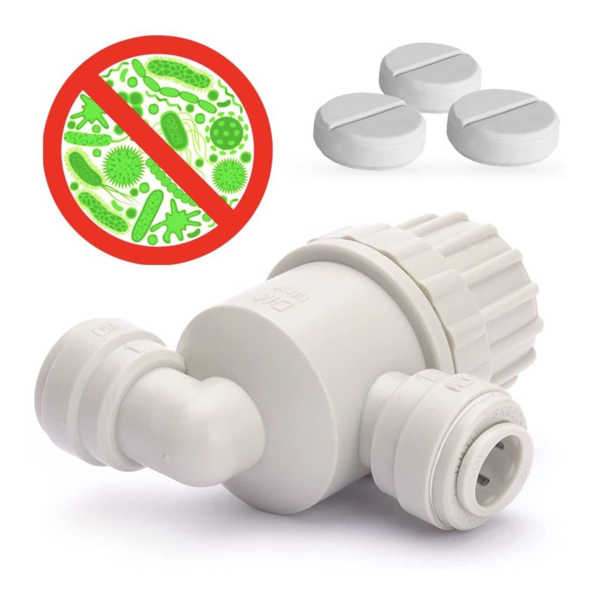 Desinfektion-Set, Desinfektionsmittel für Wasserfilter, Tafelwasseranlagen, Sprudelanlagen, Umkehrosmose, Wasserfiltersysteme, unterschiedliche Anschlussgrößen | (3/8 Zoll)