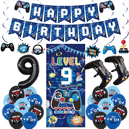 Image of Vlipoeasn Blue 9th Birthday Decorations for Boys, Video Game Level 9 Banner Backdrop Hanging Swirls for 9th Birthday Party, Gamer 9 Years Old Party Supplies