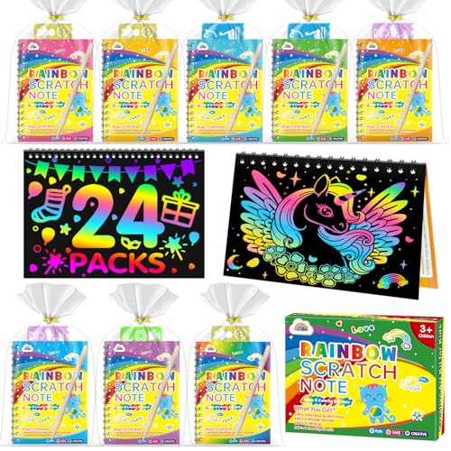 ZMLM 24 Livros Scratch Art Detalhes Aniversário Crianças, Kit Criativo Arco-íris Desenhar de Riscar com 26 Lápis de Madeira, 24 Modelos de Desenho para Festa Presentes Aniversário Crianças Colégio