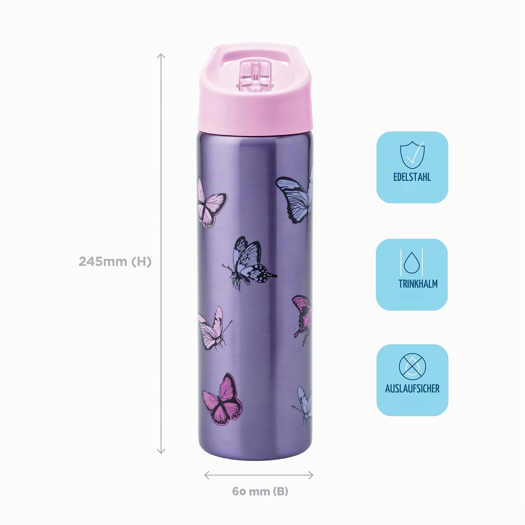 Smash Edelstahl-Wasserflasche mit Klappdeckel und Strohhalm, Schmetterling, 750 ml, Violett