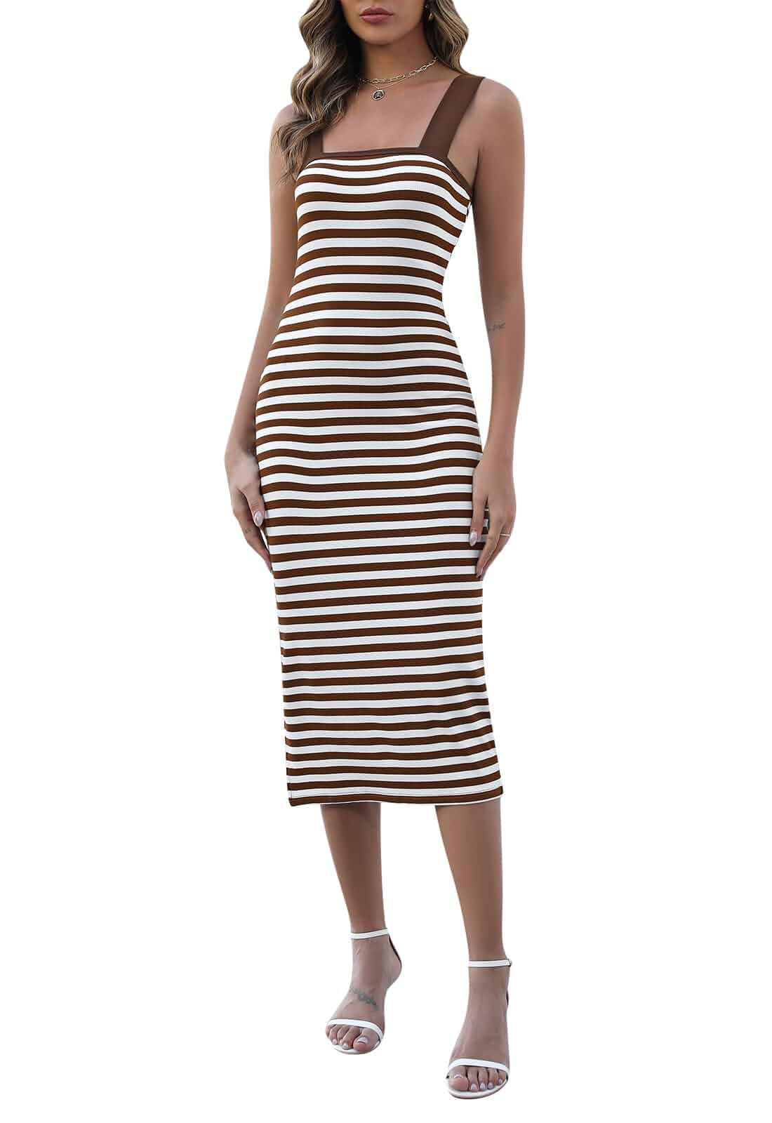 Manydress Women's Striped Beach Sundress Summer Casual Square Neck Fitted Bodycon Tank Midi Dress MY334 Sleeveless