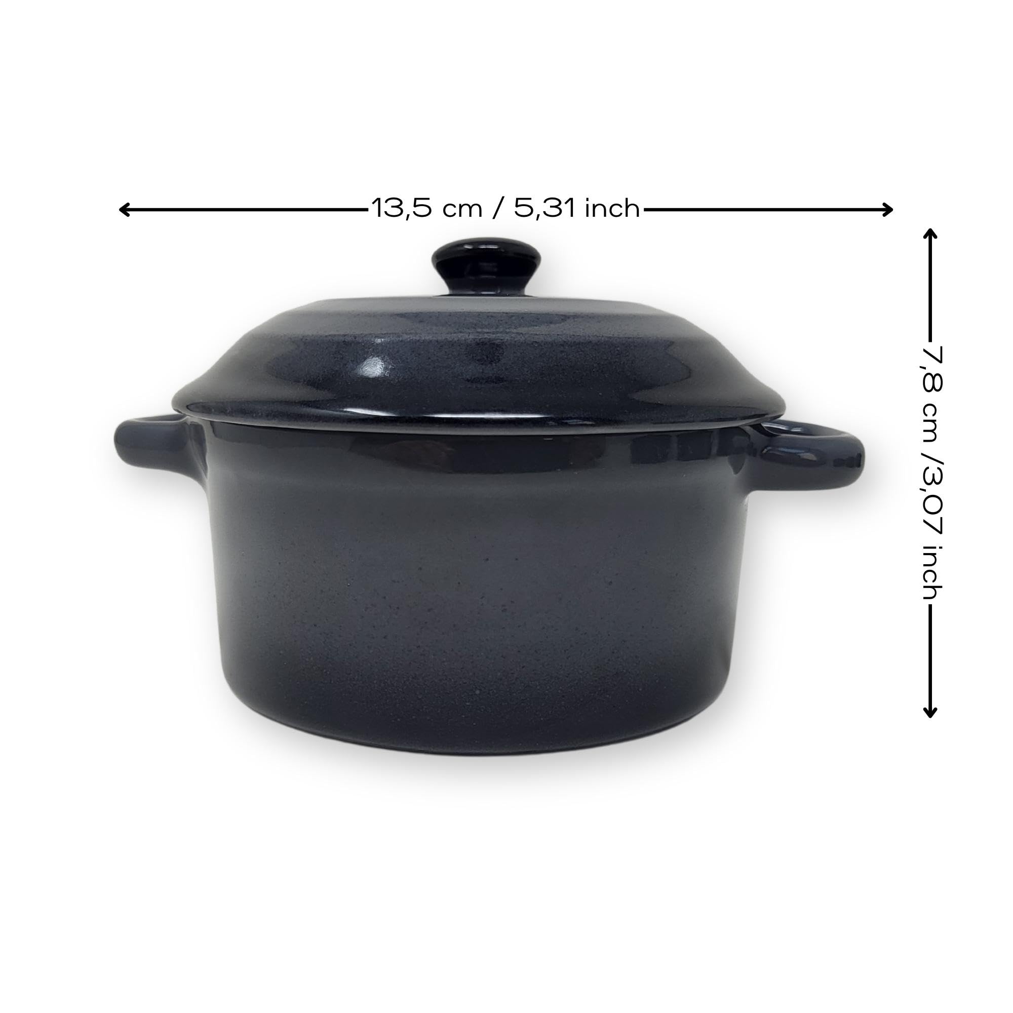 ToCi 4 x małe miseczki do zapiekanek z pokrywką | mini foremki do piekarnika z ceramiki 200 ml | okrągłe foremki Ø 10 x 5 cm | małe naczynie do zapiekania | kolor: antracytowy, zestaw 4 szt