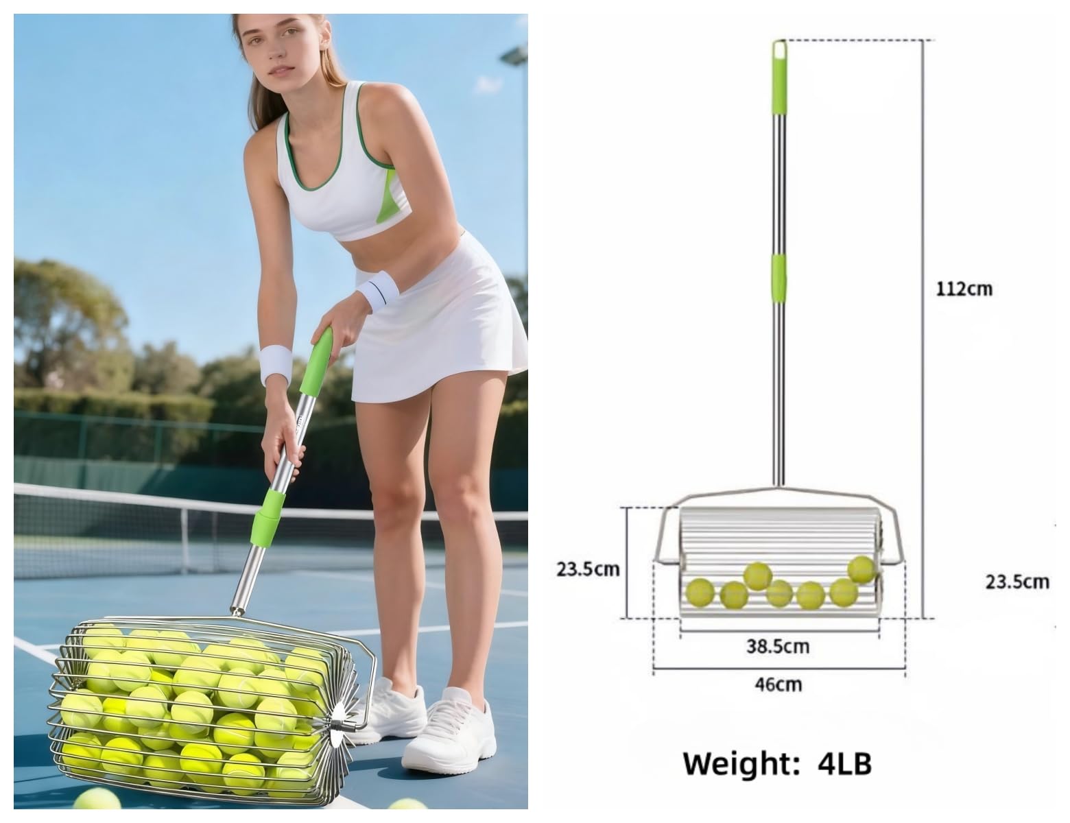 Recolector de pelotas de tenis de acero inoxidable de gran capacidad, pickball Pickball Pickball, recogedor de metal portátil, reciclador de pelotas de tenis de metal extensible, colector