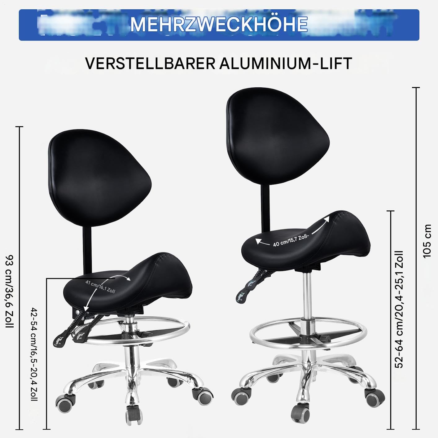 Sattelhocker Mit Rädern, Sattelhocker Mit Fußstütze Und Lehne, Verstellbarer Drehbarer Massagehocker, Tragfähigkeit 200 kg, Für Home-Office Beauty-Clinic Und Salon
