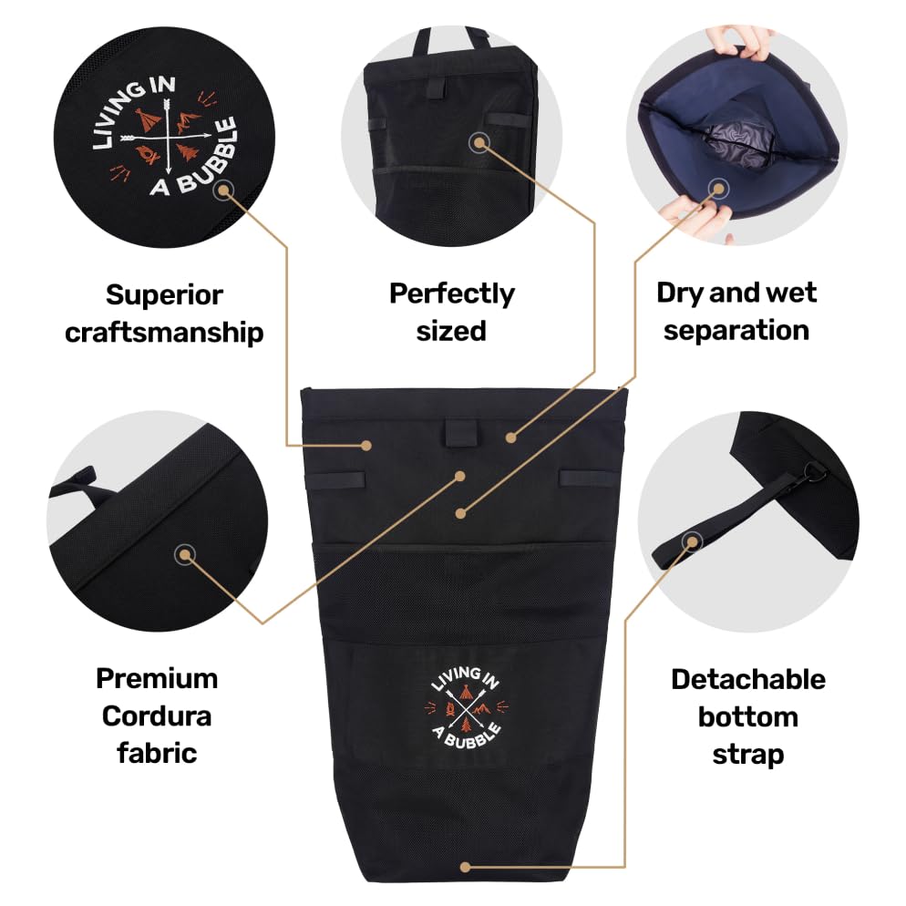 Image of Living in a Bubble Wet Dry Laundry Bag - Portable Waterproof Laundry Hamper for RV, Campervan & Travel - Foldable Clothes Organizer with Separate Wet & Dry Compartments