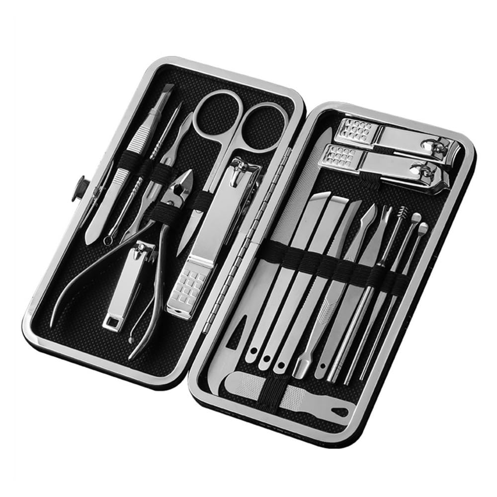 Tagliaunghie, Set per Manicure e Pedicure, Professionale, 19 Pezzi, in Acciaio Inox, per la Cura delle Unghie, con Custodia da Viaggio in Pelle per Uomo e Donna.