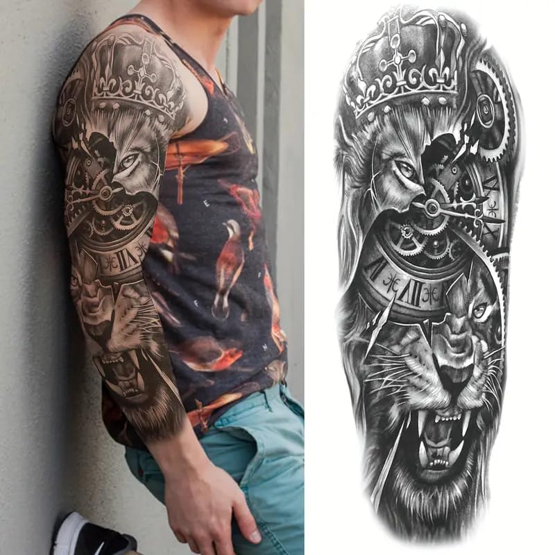 S.A.V.I Full Arm Lion King Temporary Tattoo for Men (48x17cm) – Black Realistic Sleeve Design with Clock & Gears | Waterproof, Long-Lasting, Safe Body Art for Party, Gym, Festive Look-picture-51