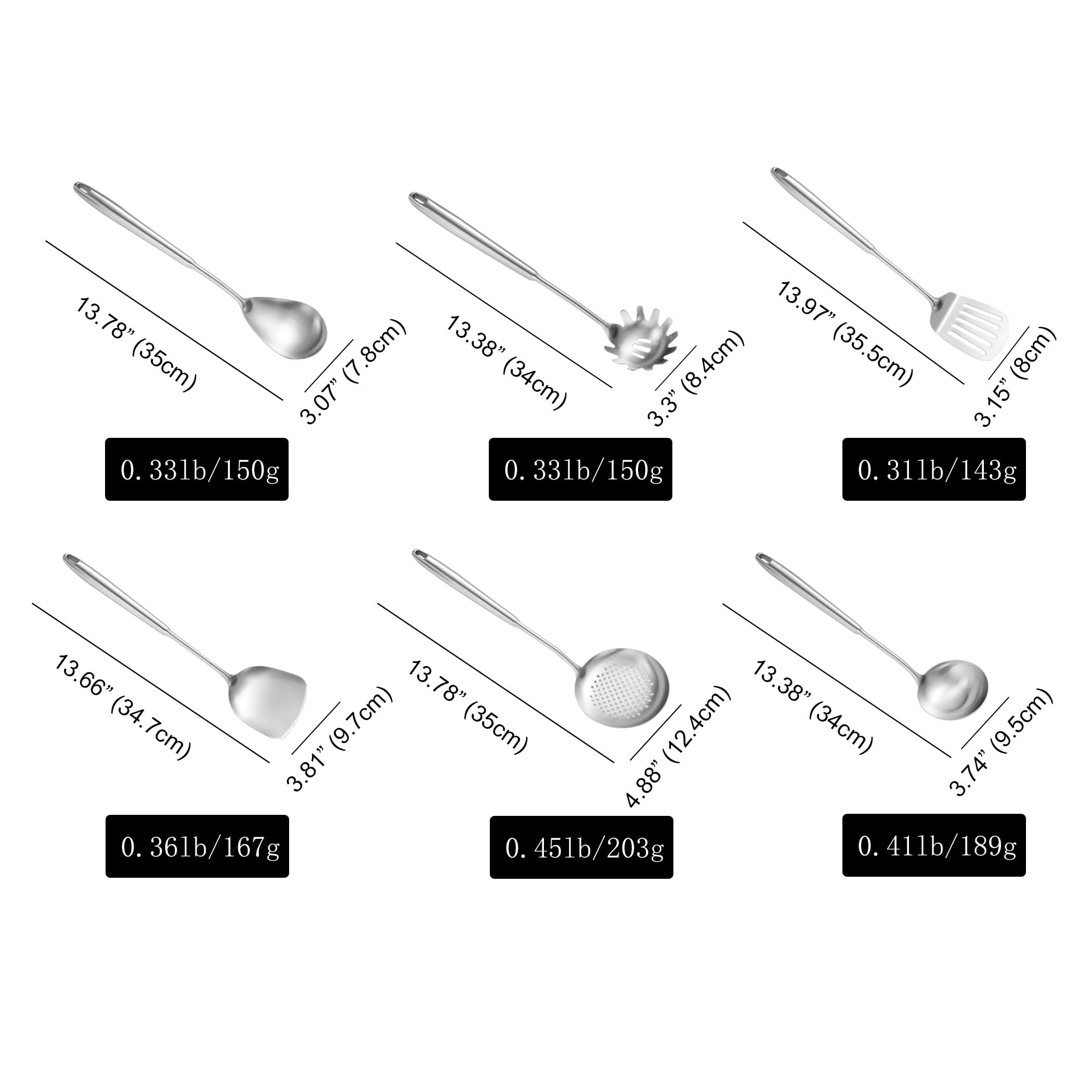Utensilios de cocina de acero inoxidable, juego de 6 utensilios de cocina profesionales de metal, espátula wok, cucharón, espumante, espátula ranurada, cuchara de espagueti, cuchara grande de
