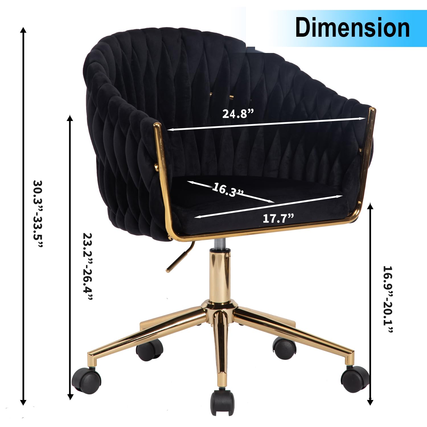 Comermax Velvet Office Chair with Hand Woven, Vanity Chairs with Golden Wheels, 360° Swivel Home Office Desk Chair Computer Chairs, Accent Chair Makeup Chair for Bedroom, Living Room(Black): Black