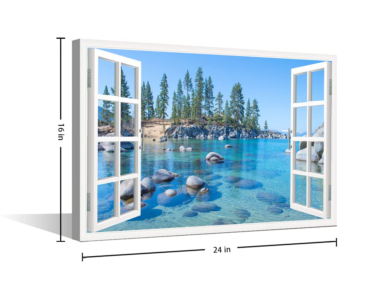 TISHIRON Window View Canvas Wall Art Neon Mountain Forest Rock Lake for Living Room Prints Natural Scenery Pictures Artwork Home Decor Framed Ready to Hang(24''W x 16''H) - Image 2