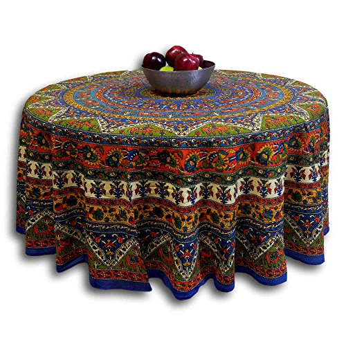 Indian Mandala Print Round Cotton Tablecloth 76" Blue #TOP12