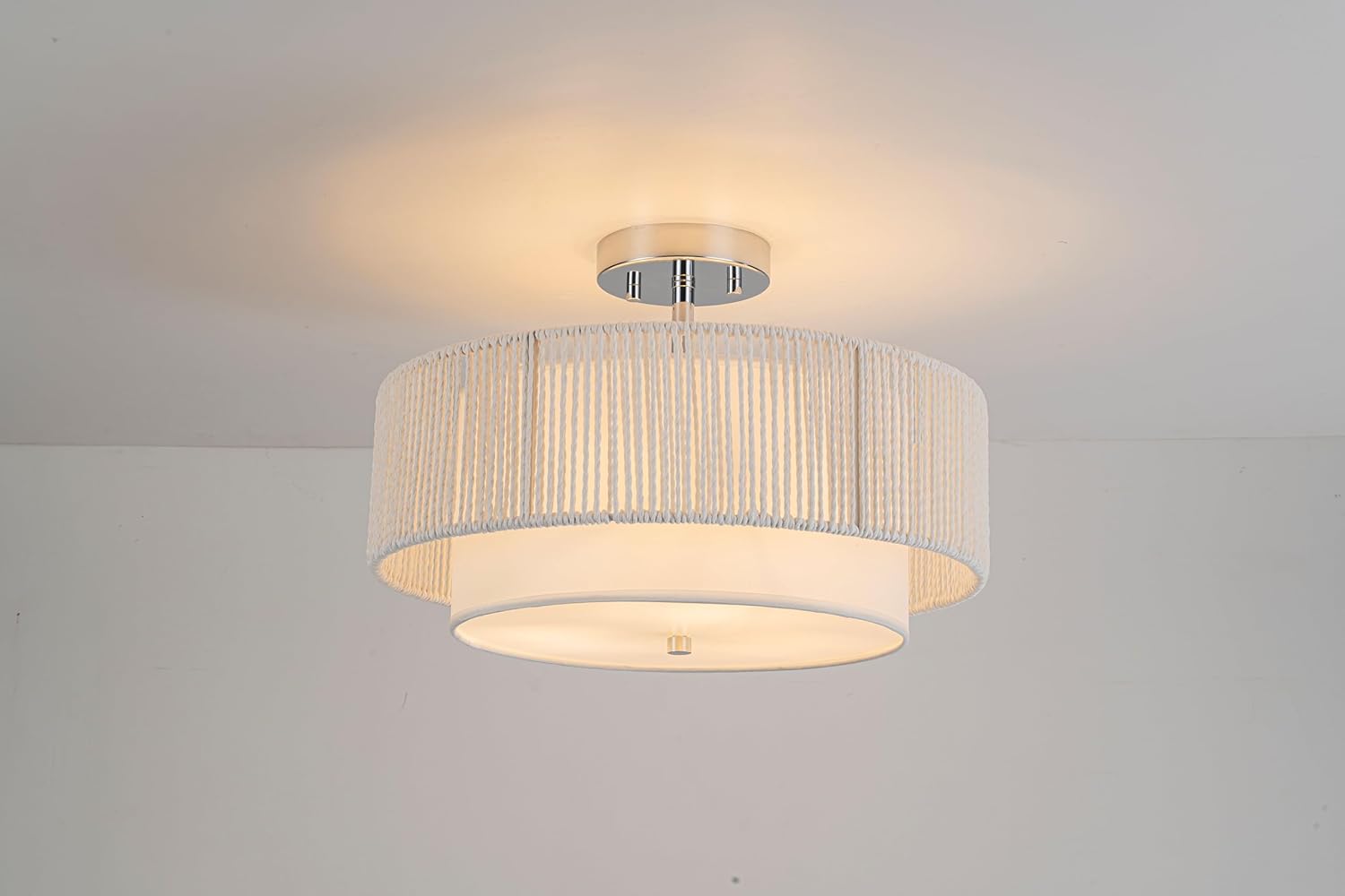 SineRise 16'' Rattan Flush Mount Ceiling Light Fixture,2-Tier Drum Hand-Woven Boho Flush Mount Ceiling Light,Farmhouse Light Fixture for Living Room,Kitchen,Bedroom Foyer Entryway ect.?White? White Large Ceiling