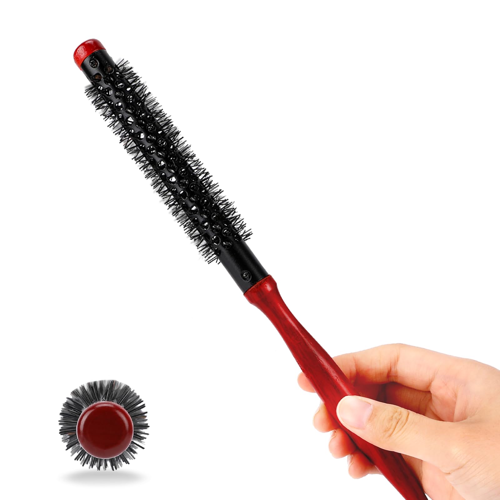 Small Round Brush for Blow Out - Dia 1 Inch Mini Quiff Roller Brush with Wooden Handle and Stiff Nylon Bristles for Styling Wet, Dry, Short, Fine Hair, Bangs, Blowout Volume