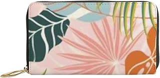 Carteiras femininas de couro genuíno abstrato moderno tópico porta-cartão de crédito com zíper organizador de embreagem de couro feminino bolsa longa de viagem, Folhas tópicas modernas abstratas, 7x4.3x0.8 Inches