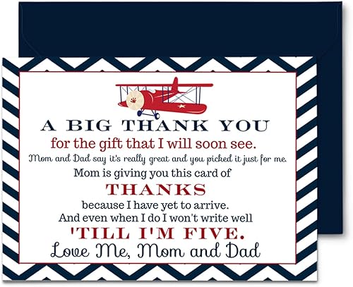 Paper Clever Party Tarjetas de agradecimiento y sobres de avión para baby shower paquete de 15 para niños con nota preimpresa de artículos de