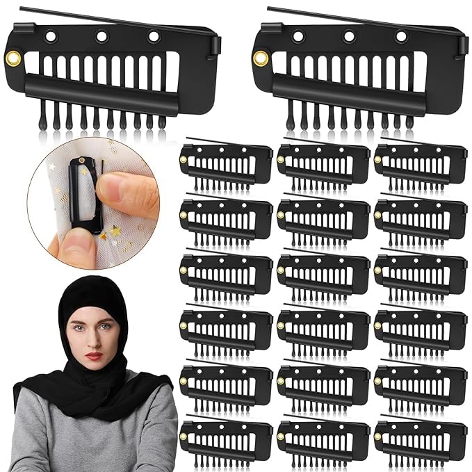 Chunni Clips with Safety Pins 10 Teeth Wig Clips Strong Dupatta Grip Clip Flat Dupatta Setting Clips Hair Extension Clips for Woman Hijab Veil Hair Extensions Hairpieces (Gold & Black) (BLACK, 4)