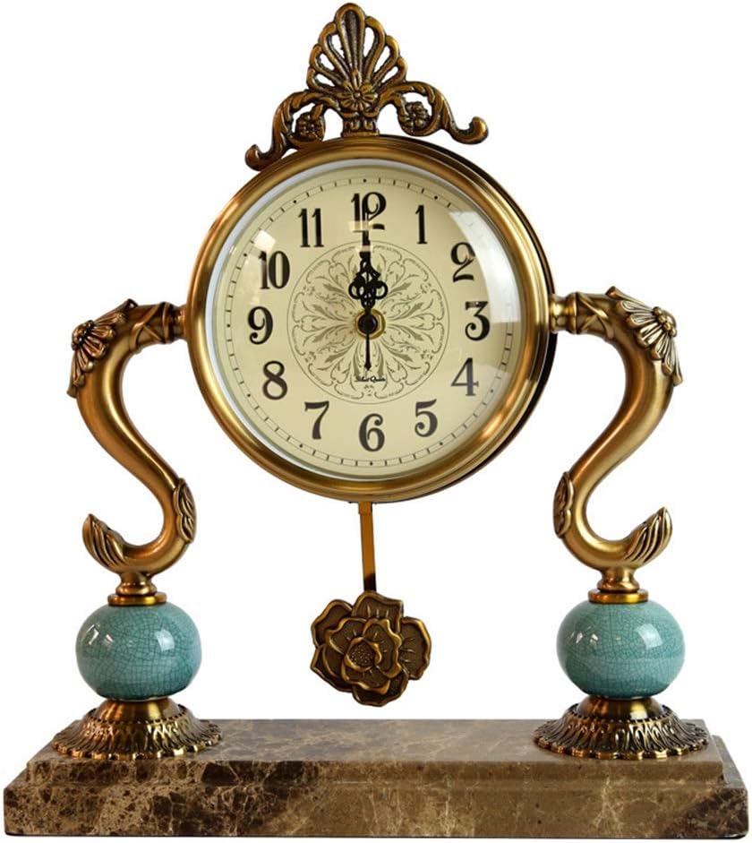 Wooden Silent Table Clock Office Home Decoration European Style Creative Retro Metal Marble Clock Living Room Bedroom Suitable for Office Living Room Bedroom