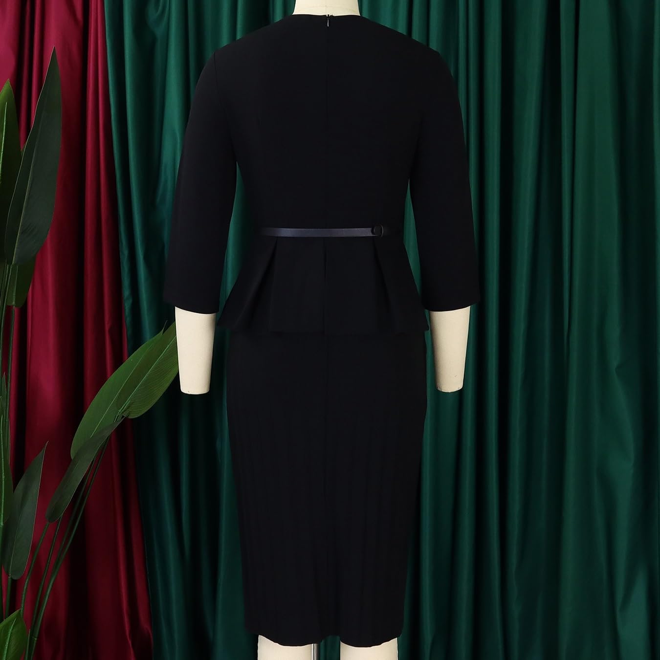 Abito A Tubino Vintage Da Donna Con Peplo E Vita A Balze, Da Ufficio Abito Midi Aderente Con Scollo Rotondo, Maniche A 3/4 E Cintura