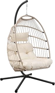 Goutime Hanging Egg Chair with Stand and Waterproof Cover, Foldable Egg Swing Chair with UV Resistant Cushion 450lbs Capacity for Indoor Bedroom Garden Backyard (Apricot Gray)