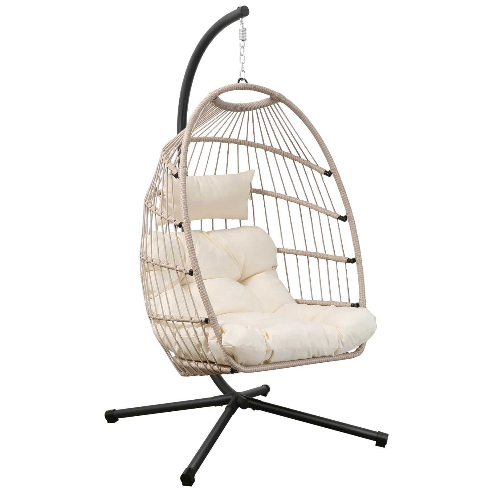 Goutime Hanging Egg Chair with Stand and Waterproof Cover, Foldable Egg Swing Chair with UV Resistant Cushion 450lbs Capacity for Indoor Bedroom Outdoor Garden Backyard (Apricot Gray)