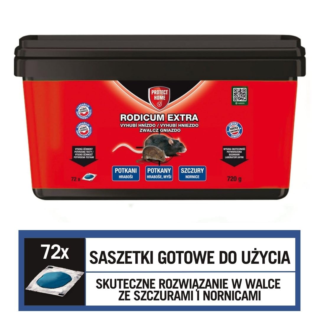 Rodium Extra 720g – Skuteczna Przynęta do Kontroli Gryzoni, Profesjonalny Środek na Szczury i Nornice do Użytku Wewnątrz i na Zewnątrz, Bezpieczna Formuła z Gorzkiem Składnikiem, 72 x 10g Saszetki