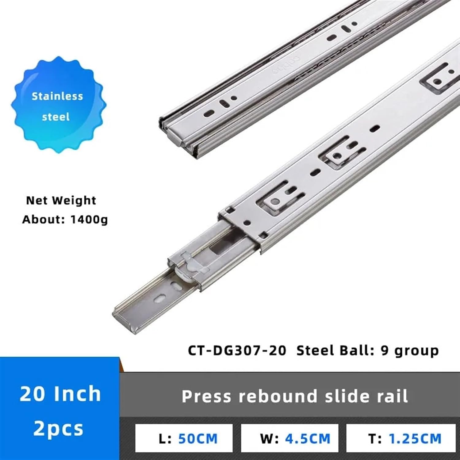 Heavy Duty Drawer Slides 3 Way Slide Rail Press Rebound Drawers Sliding Track Slides(DG307 20 Inch)