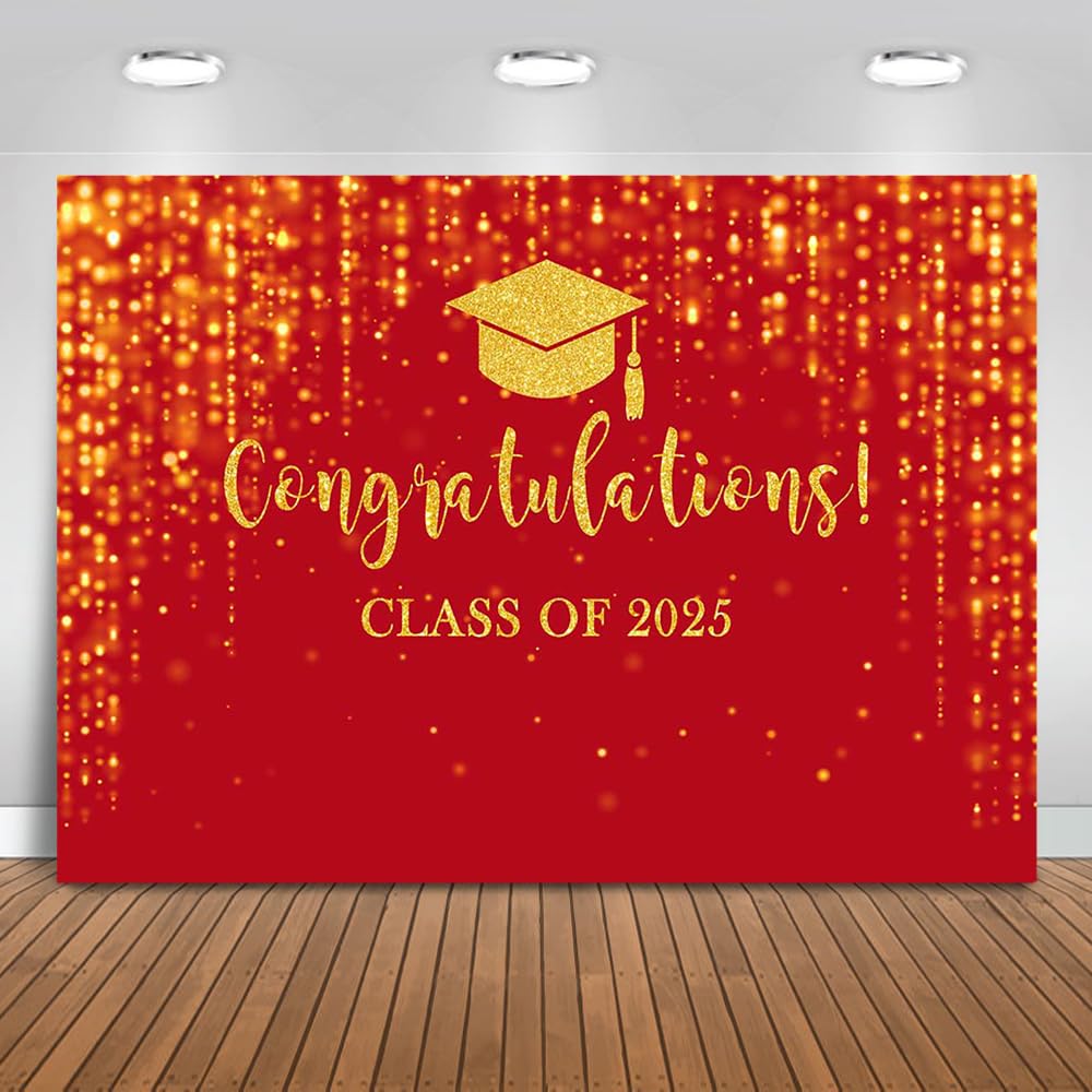 Mocsicka Class of 2025 Backdrop Red Gold Glitter Bokeh Graduation Party Background 2025 Congrats Grad Prom Party Cake Table Decoration Photo Booth Props (10x7ft)