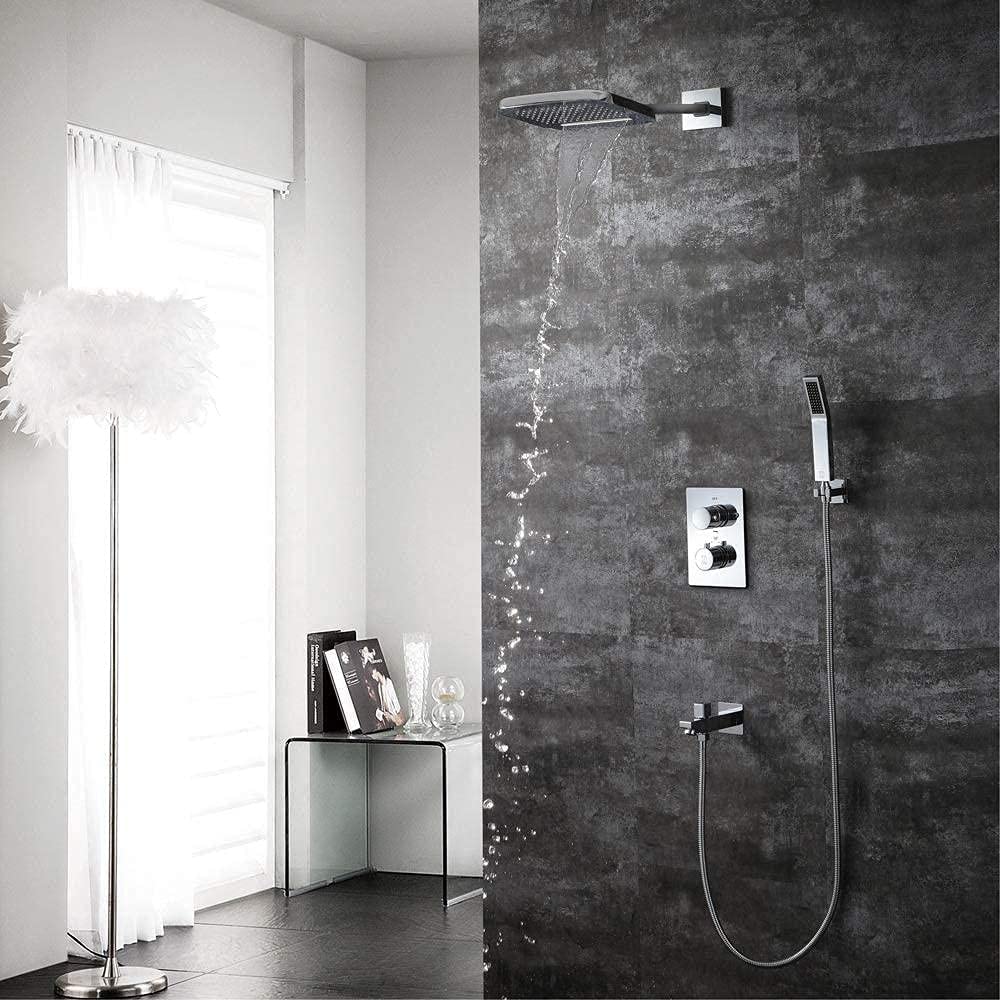 Aycdl Silver Shower Head Thermostat Home Wall-Mounted Shower Set Booster Waterfall Top Spray Copper Shower Faucet Shower System 4 Modes Interesting Life
